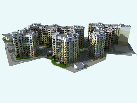 Разработка 3d модели жилого квартала - вид спереди